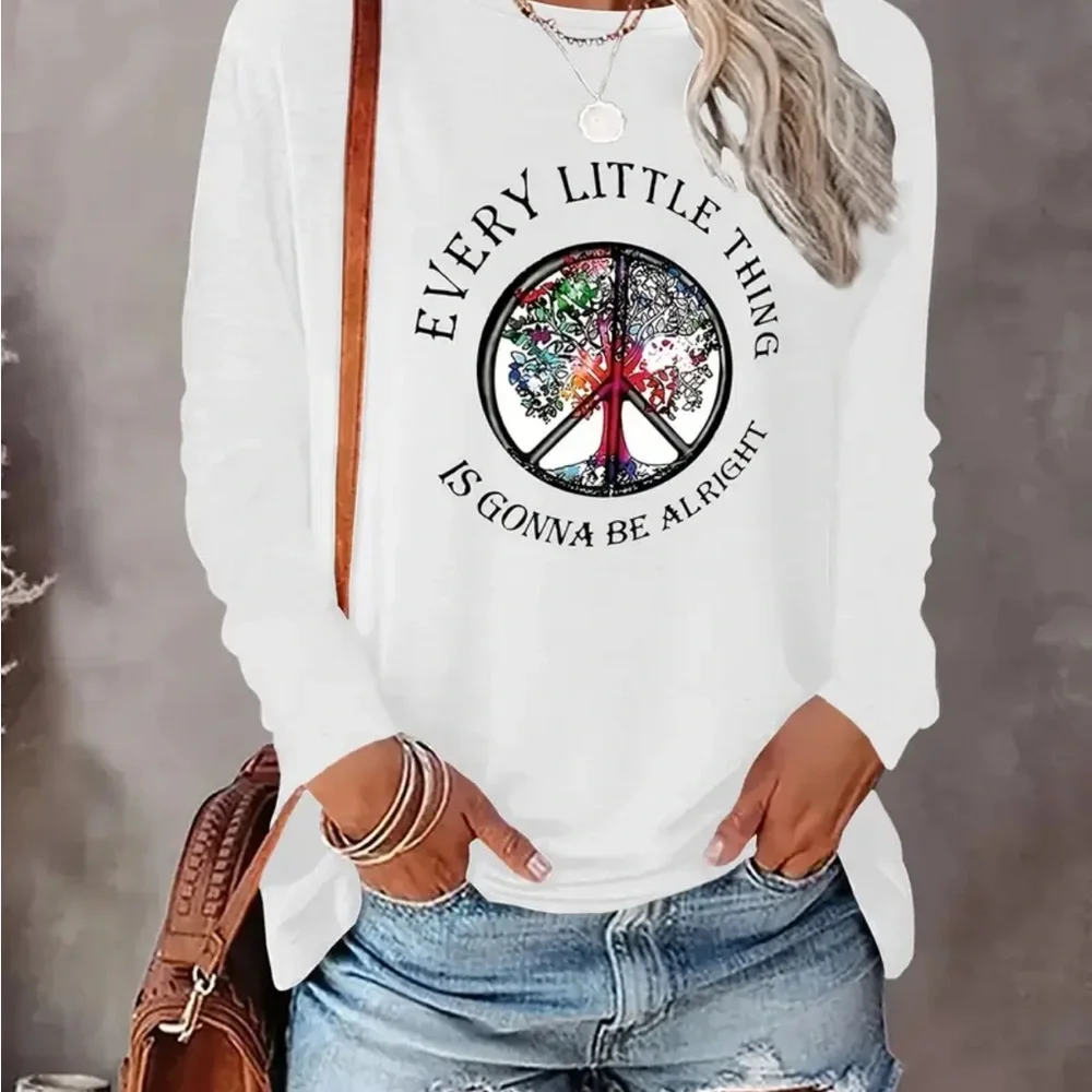 White Graphic Long Sleeve T-shirt with peace sign ☮️ - Picture 1 of 6